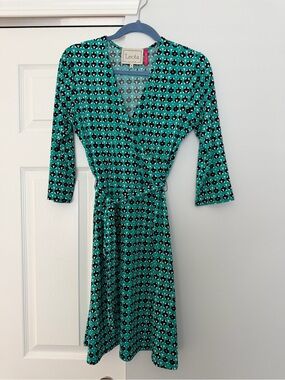 Leota Teal Geometric Wrap Midi Dress